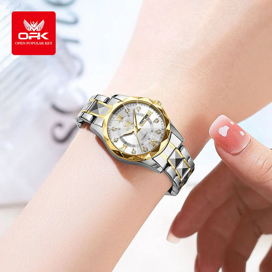 OPK Women Watches 6023L Elegant Fashion Original Quartz Watch for Lady Waterproof Stainless Steel Strap Small Dial Luminous Date - Qoraheyhub