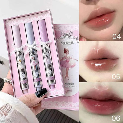 Ballet Girls Mirror Crystal Lip Gloss Makeup Set Water Glass Lip Glaze Waterproof Film Forming Sponge Head Jelly Lip Tint Kit