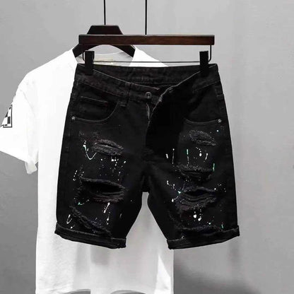 Trendy Brand Men's Unique Hip Hop Black Denim Shorts Loose Fit Summer Style High Quality Cotton Pants With Distressed Details