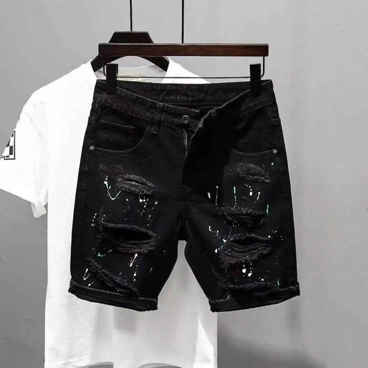 Trendy Brand Men's Unique Hip Hop Black Denim Shorts Loose Fit Summer Style High Quality Cotton Pants With Distressed Details
