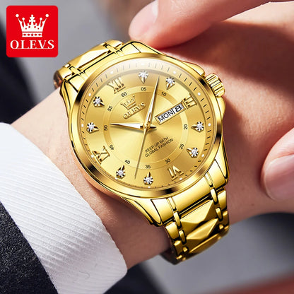 OLEVS High Quality Luxury Watches for Men Stainless Steel Dual Calendar Luminous Waterproof Quartz Fashion Business Man Watch - Qoraheyhub