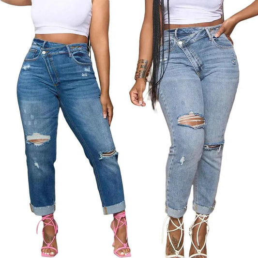 Jeans Women denim pant Cuffs Hole Distressed Ankle Length Straight Pants Washed Ripped Casual Denim High Waist Loose 2025