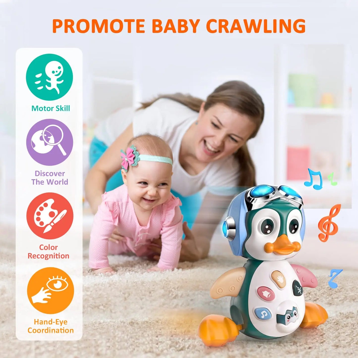 Penguin Musical Baby Crawling Toys Infant Moving Walking Dancing Toys with Light Toddler Interactive Development Tummy Time Gift - Qoraheyhub