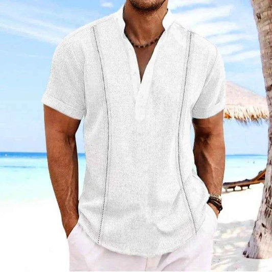 Summer Striped Henley Men's Shirts Fashion Oversized Button Stand Collar Short Sleeve Shirt Tops Man Clothing Comfortable Shirts