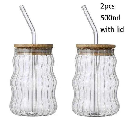 1/2pcs 500ml Glass Tumblers Cups With Straw Mason Jar Clear Juice Coffee Milk Cup With Bamboo Lids Drinkware Stripe Beer Mug