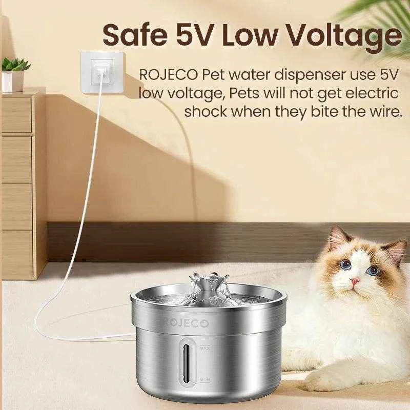 ROJECO Automatic Cat Water Fountain Stainless Steel Pet Water Dispenser Rechargeable Cat Drinker with Pump Dog Drinking Filter