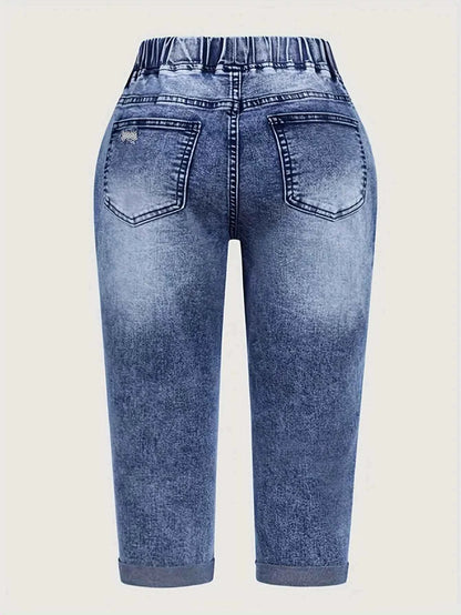 Y2K Style Women's Peacock Blue Stretch Mid-Rise Capri Jeans - Summer Casual Distressed Denim with Drawstring Waist