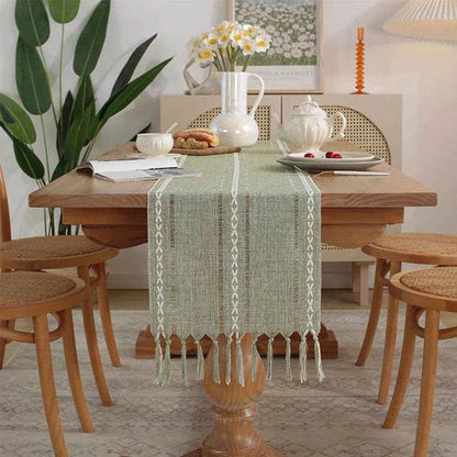 Cotton Linen Blended Table Runner,Hand-woven Tassels Perfect for Wedding Arched Door Party Dinner Table Decor