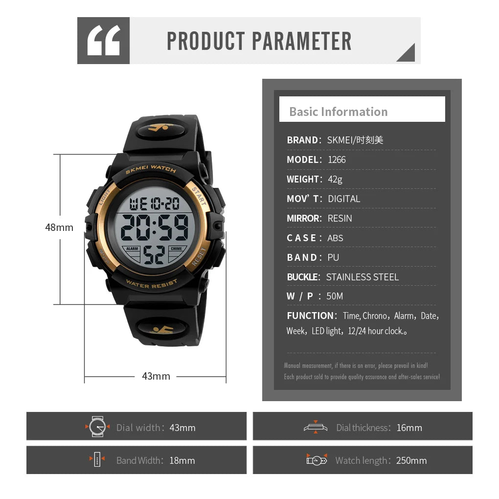 SKMEI 1266 Children's Watches for Boy Girl Color LED Display Digital Alarm Clock Waterproof Sports Kids Wristwatches 1548 Reloj - Qoraheyhub