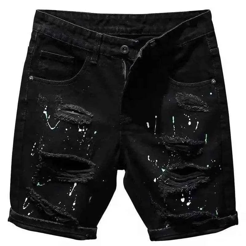 Trendy Brand Men's Unique Hip Hop Black Denim Shorts Loose Fit Summer Style High Quality Cotton Pants With Distressed Details