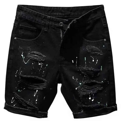 Trendy Brand Men's Unique Hip Hop Black Denim Shorts Loose Fit Summer Style High Quality Cotton Pants With Distressed Details