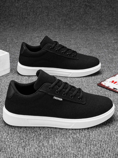 Men's Simple Style Classic Black and White Contrasting Canvas Stitching Lace-Up Low-Top Basic Sneakers, Versatile Casual Sports Shoes That Can Be Worn in All Seasons