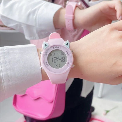 【Watch + Bracelet】Cat Ear Children's Silicone   Multi Functional Sports Electronic  Unicorn Bracelet Set - Qoraheyhub