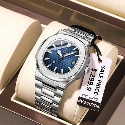 POEDAGAR Square Luxury Men Wristwatch Waterproof Luminous Date Stainless Steel Male Clock Business Sports Quartz Watches For Men - Qoraheyhub