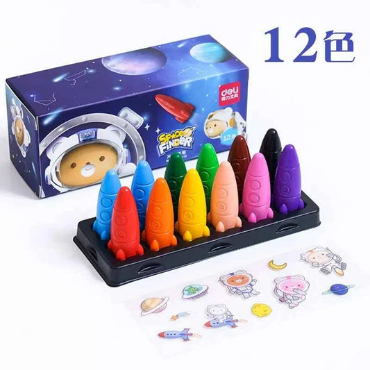 12 Color Set Space Ship Rocket Shape Non-Toxic Wax Crayon Graffiti Pen Kids Student Painting Drawing Art Supplies Stationery