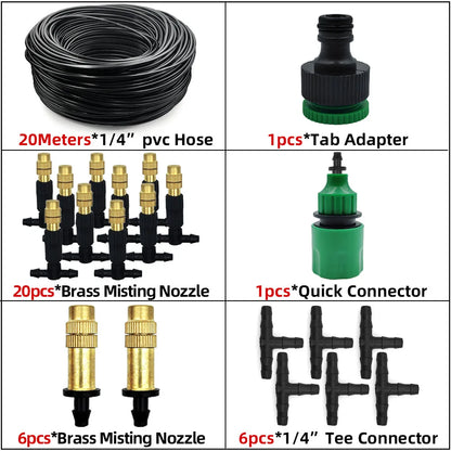 15M-30M Outdoor Misting Cooling System Garden Irrigation Watering 1/4'' Brass Atomizer Nozzles 4/7mm Hose for Patio Greenhouse