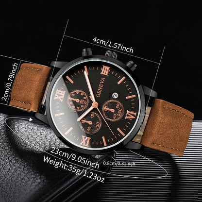 1/2PCs Men's Casual Calendar Watch Fashionable Men's Temperament Leather  Quartz Watch Unisex Watch Set(Box Not Included) - Qoraheyhub