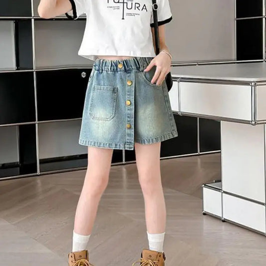 Summer Kids Babys Girls Denim Shorts Loose Outwear Children Girls Jeans Culotte 4-14Yrs Girls School Student Mid-length Pants - Qoraheyhub