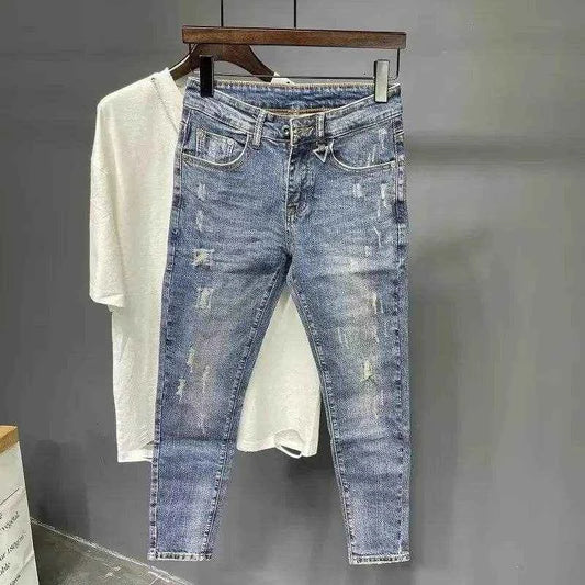 Trendy 2024 New Jeans Men's 9-point Hole American Style Vintage Blues Slim Fit Smooths Your Silhouette Denim Cotton Pants