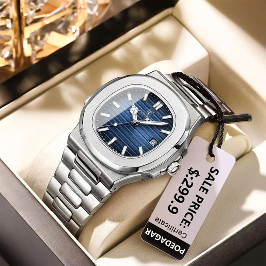 POEDAGAR Square Luxury Men Wristwatch Waterproof Luminous Date Stainless Steel Male Clock Business Sports Quartz Watches For Men - Qoraheyhub