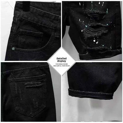 Trendy Brand Men's Unique Hip Hop Black Denim Shorts Loose Fit Summer Style High Quality Cotton Pants With Distressed Details
