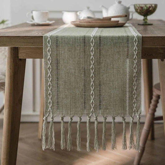 Cotton Linen Blended Table Runner,Hand-woven Tassels Perfect for Wedding Arched Door Party Dinner Table Decor