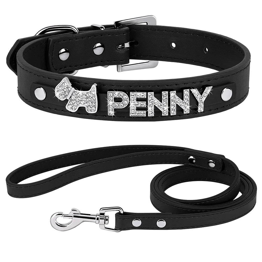 Custom PU Leather Dog Collar Leash Set Personalized DIY Name Charms Collars Bling Rhinestone Pet Necklace For Small Medium Dogs