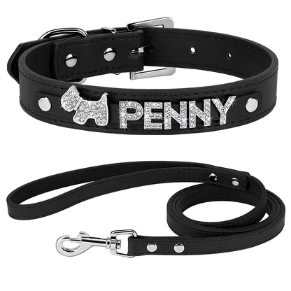 Custom PU Leather Dog Collar Leash Set Personalized DIY Name Charms Collars Bling Rhinestone Pet Necklace For Small Medium Dogs