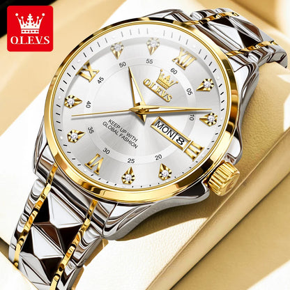 OLEVS High Quality Luxury Watches for Men Stainless Steel Dual Calendar Luminous Waterproof Quartz Fashion Business Man Watch - Qoraheyhub