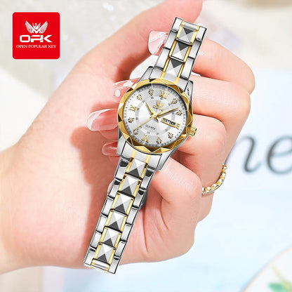 OPK Women Watches 6023L Elegant Fashion Original Quartz Watch for Lady Waterproof Stainless Steel Strap Small Dial Luminous Date - Qoraheyhub