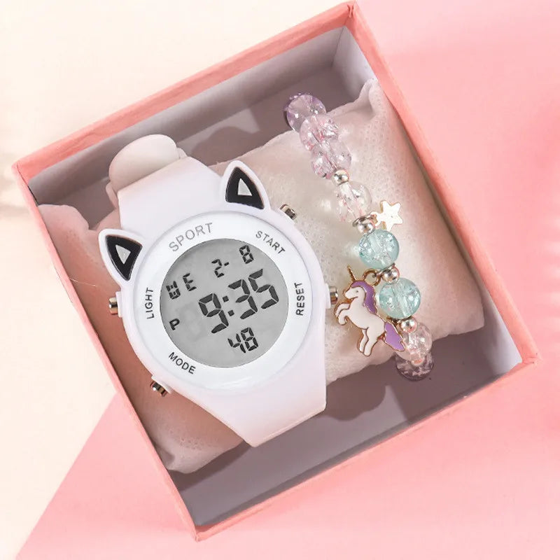 【Watch + Bracelet】Cat Ear Children's Silicone   Multi Functional Sports Electronic  Unicorn Bracelet Set - Qoraheyhub