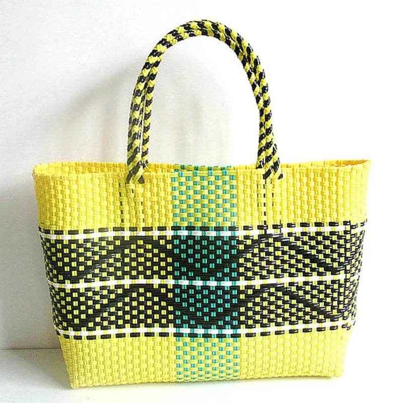 Plastic Woven Women's Handbag Handmade Bohemia Storage Basket Contrast Tote Bag Designer Summer Beach Bag Female Shoulder Bags