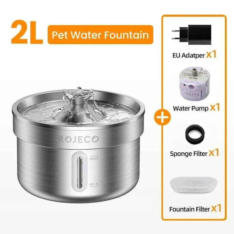 ROJECO Automatic Cat Water Fountain Stainless Steel Pet Water Dispenser Rechargeable Cat Drinker with Pump Dog Drinking Filter