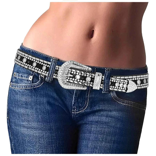 Women'S Rhinestone Bling Leather Belts For Jeans Pants Fashion Silver Buckle Leather Belt Key Ring Holder Cowboy ремень Y2k