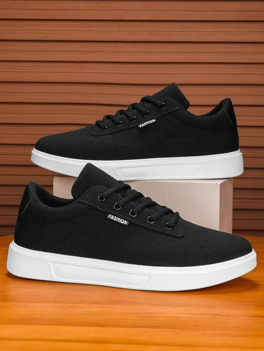 Men's Simple Style Classic Black and White Contrasting Canvas Stitching Lace-Up Low-Top Basic Sneakers, Versatile Casual Sports Shoes That Can Be Worn in All Seasons