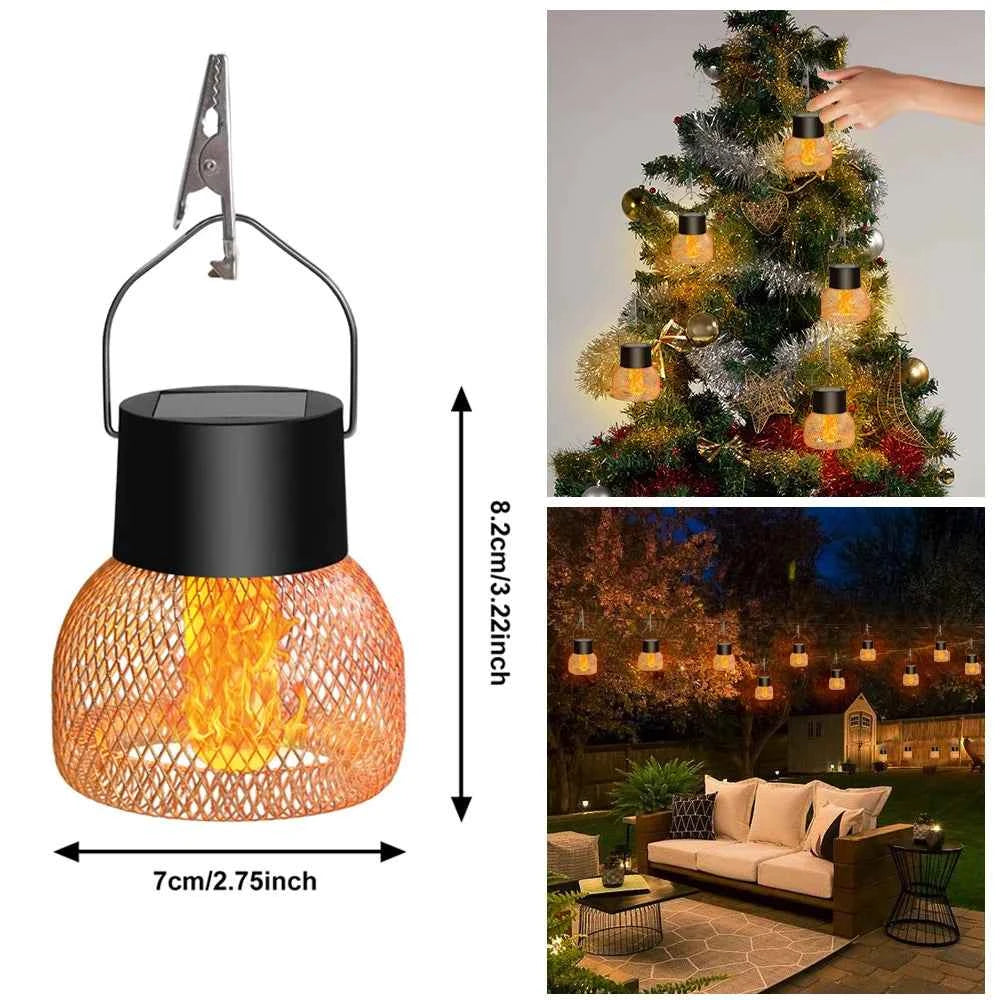 LED Outdoor Flame Effect Hanging Lantern Ball Lamp Retro Waterproof Solar Powered Lights Courtyard Garden Path Camping Decoratio