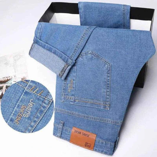 Summer Thin Men's Elastic Cotton Jeans Fashion Blue Comfortable Business Straight Casual Pants Brand Male Clothes Trousers