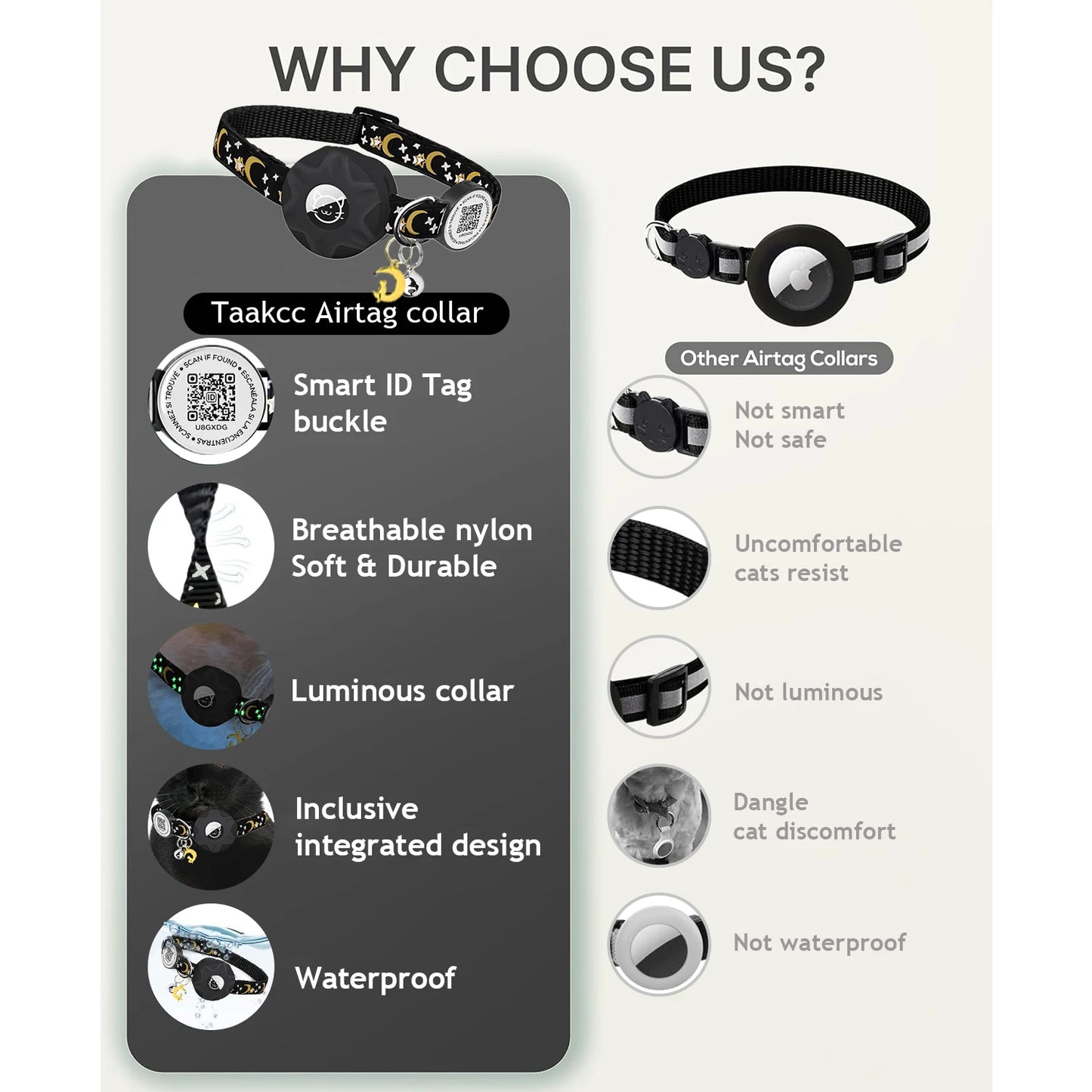 Luminous Airtag cat Collar with Smart Pet ID Tag for Apple Tag, AirTag Holder & Bell for Breakaway Kitten Collar Puppy Cats