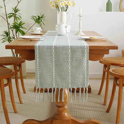 Cotton Linen Blended Table Runner,Hand-woven Tassels Perfect for Wedding Arched Door Party Dinner Table Decor