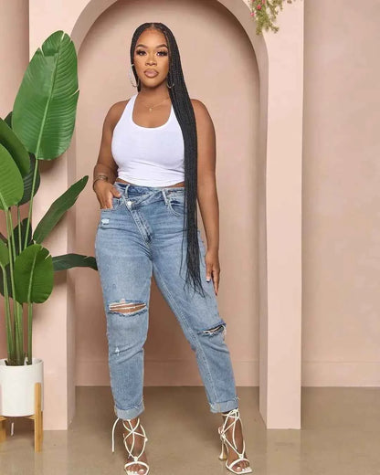 Jeans Women denim pant Cuffs Hole Distressed Ankle Length Straight Pants Washed Ripped Casual Denim High Waist Loose 2025