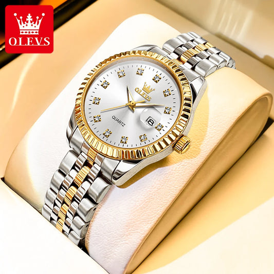 OLEVS 5526 Quartz Elegant Dress Wristwatch Luxury Stainless Steel Waterproof Watch For Women Date Display Original Woman Watches - Qoraheyhub