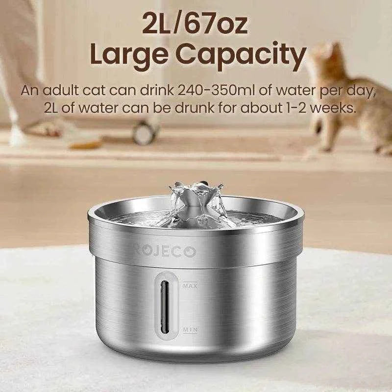 ROJECO Automatic Cat Water Fountain Stainless Steel Pet Water Dispenser Rechargeable Cat Drinker with Pump Dog Drinking Filter