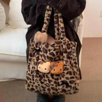 Xiuya Y2k Vintage Womens Shoulder Bag Hello Kitty Leopard Print Fashion Tote Bag Cute Bow Plush Large Capacity Ladies Handbag