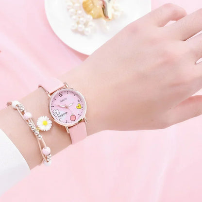 Kids Watches Pink Cute Children's Wristwatch Cartoon Pattern Quartz Watch Set for Girls Fashion Students' Clock Relogio Feminino - Qoraheyhub