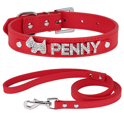 Custom PU Leather Dog Collar Leash Set Personalized DIY Name Charms Collars Bling Rhinestone Pet Necklace For Small Medium Dogs