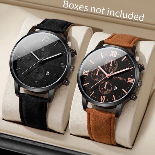 1/2PCs Men's Casual Calendar Watch Fashionable Men's Temperament Leather  Quartz Watch Unisex Watch Set(Box Not Included) - Qoraheyhub