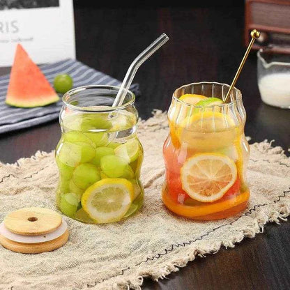 1/2pcs 500ml Glass Tumblers Cups With Straw Mason Jar Clear Juice Coffee Milk Cup With Bamboo Lids Drinkware Stripe Beer Mug