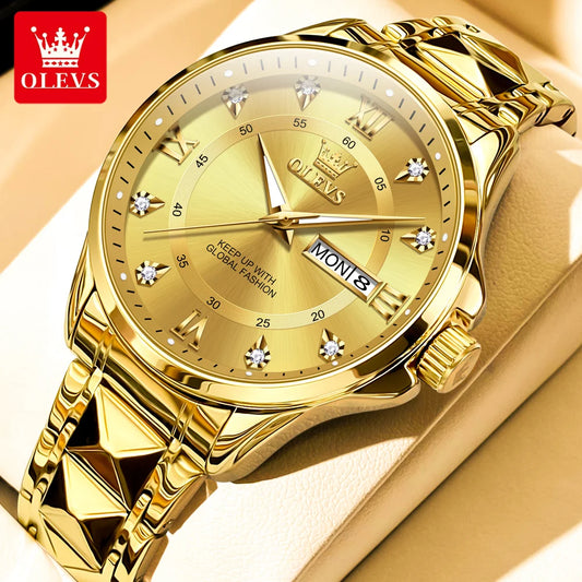 OLEVS High Quality Luxury Watches for Men Stainless Steel Dual Calendar Luminous Waterproof Quartz Fashion Business Man Watch - Qoraheyhub