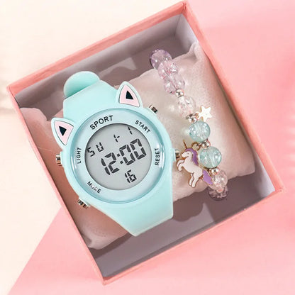 【Watch + Bracelet】Cat Ear Children's Silicone   Multi Functional Sports Electronic  Unicorn Bracelet Set - Qoraheyhub