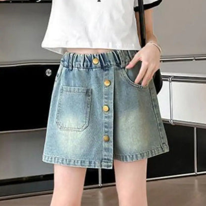 Summer Kids Babys Girls Denim Shorts Loose Outwear Children Girls Jeans Culotte 4-14Yrs Girls School Student Mid-length Pants - Qoraheyhub